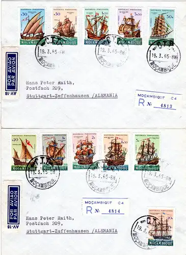 Mocambique 1965, 20 Werte Segelschiffe kpl. Ausgabe auf 4 Luftpost Reko Briefen