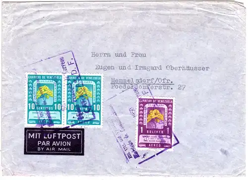 Venezuela 1950, 1 Bol.+2x10 C. Forstwoche auf Luftpost Brief n. Deutschland