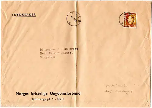Norwegen 1958, EF 50 öre auf Drucksache Brief (100-200 Gramm) v. Oslo.