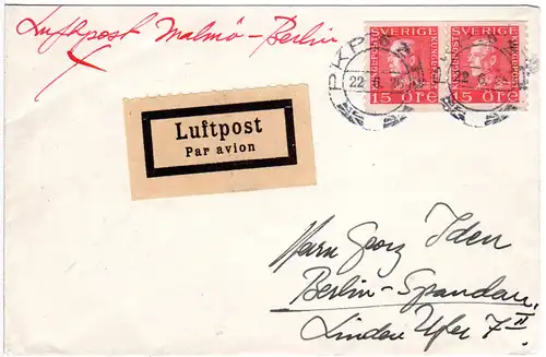 Schweden 1926, Paar 15 öre auf Luftpost Brief Malmö-Berlin m. rs. Ank.Stpl.
