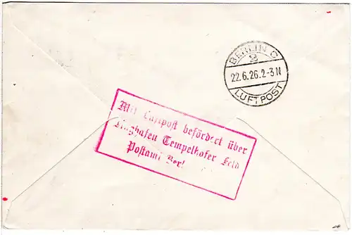 Schweden 1926, Paar 15 öre auf Luftpost Brief Malmö-Berlin m. rs. Ank.Stpl.