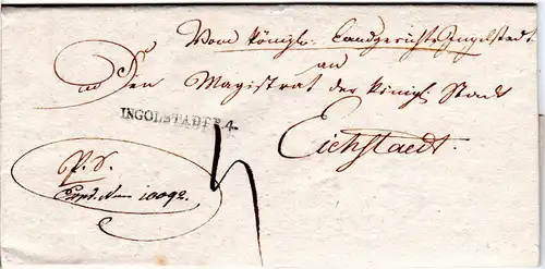 Bayern 1821, L1 INGOLSTADT R.4. auf sauberem Porto Brief n. Eichstaedt