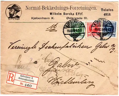 Dänemark 1908, 5+10+20 öre auf Einschreiben Brief v. Kopenhagen n. Württemberg