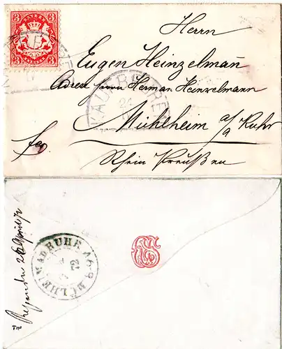 Bayern 1872, 3 Kr. auf kl. Brief m. rs. Monogrammdruck u. viol. HKS KAUFBEUREN