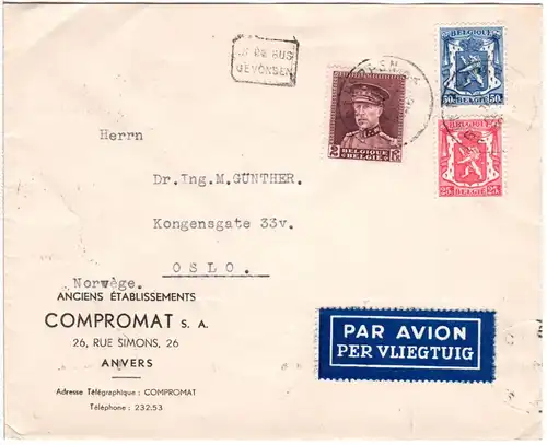 Belgien 1936, 25+50 C.+2 Fr. auf Luftpost Brief v. Antwerpen n. Norwegen
