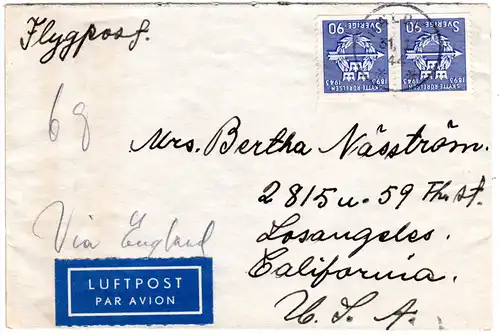 Schweden 1944, MeF Paar 90 öre auf Luftpost Brief v. Nälden n. USA