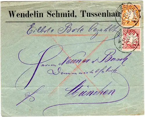 Bayern 1891, 10+25 Pf. auf Firmen Eilboten Brief v. TUSSENHAUSEN