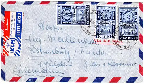 Venezuela 1952, 3x20 C. auf Luftpost Brief m. KLM CORREO AEREO Luftpostetikett