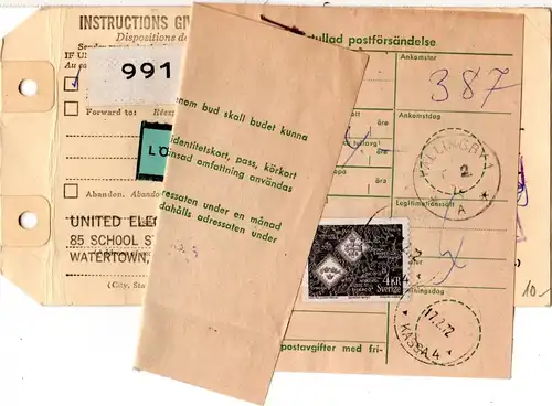 USA 1972, Schweden label Lösen 400 öre u. Porto 4 Kr auf Paketkarte v. Watertown
