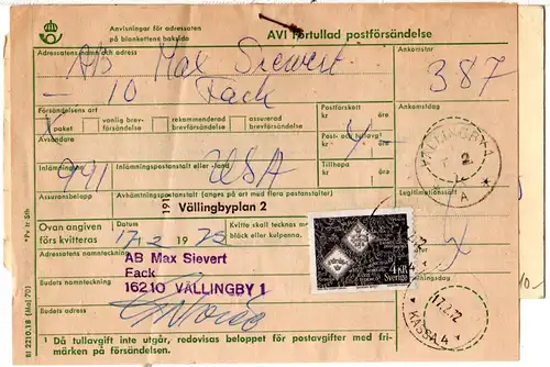 USA 1972, Schweden label Lösen 400 öre u. Porto 4 Kr auf Paketkarte v. Watertown