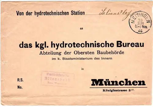 Bayern 1902. Posthilfstelle BLIENSBACH Taxe Wertingen auf Dienst Brief 