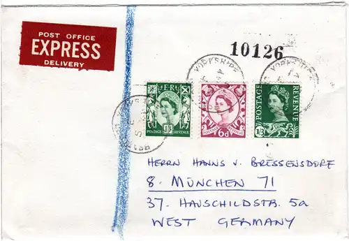 GB Schottland Wales 1960, 3 Marken auf Express Brief n. Deutschland