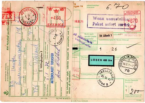 BRD 1971, Paketkarte v. FREIBURG m. Schweden Porto-Etikett u. grünem Aufkleber