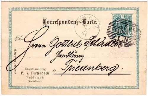 Österreich 1901, 5 H. Ganzsache m. Absenderzudruck v. Feldkirch n. Liechtenstein