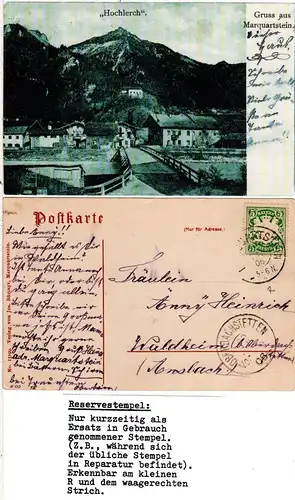 Bayern 1906, Reservestempel MARQUARTSTEIN R auf Gruss aus sw-AK m. 5 Pf.