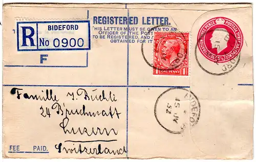 GB 1932, 1d Zusatzfr. auf 4 1/2d R-Ganzsachenumschlag v. Bideford i.d. Schweiz.