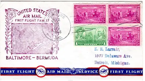 USA 1938, 4 Marken auf Erstflug Brief Baltimore-Bermuda