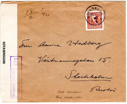Schweden 1940, 15 öre auf Brief eines Freiwilligen im Finnischen Winter-Krieg