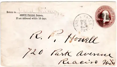 USA 1885, 2 C. Ganzsache Brief m. Stpl. SIOUX FALLS DAK.