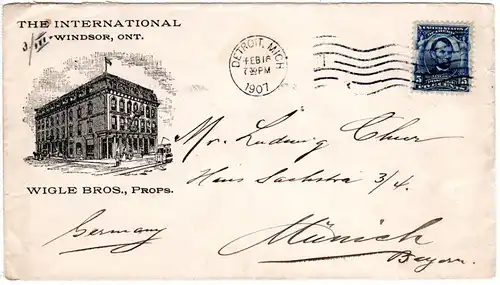 USA 1907, 5 C. auf Hotel Bilder-Brief The International, Windsor, Ont.