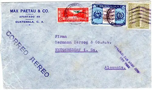 Guatemala 1937, 3 Marken auf Brief m. Luftpost-Leitstempel n. Deutschland