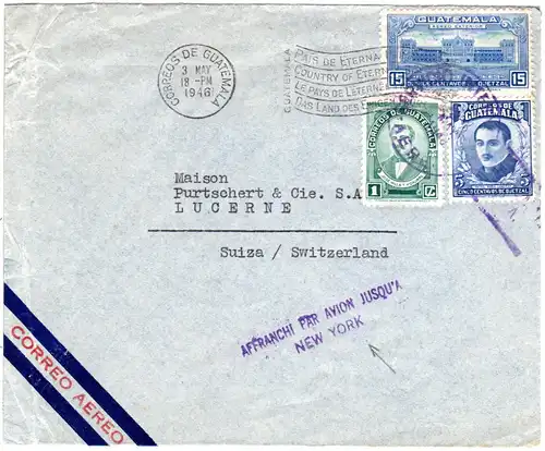 Guatemala 1946, 3 Marken auf Brief m. Luftpost-Leitstempel i.d. Schweiz