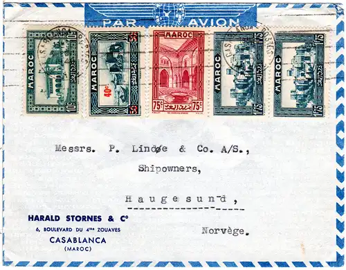 Marokko 1940, 5 Marken auf Luftpost Brief v. Casablanca n. Norwegen