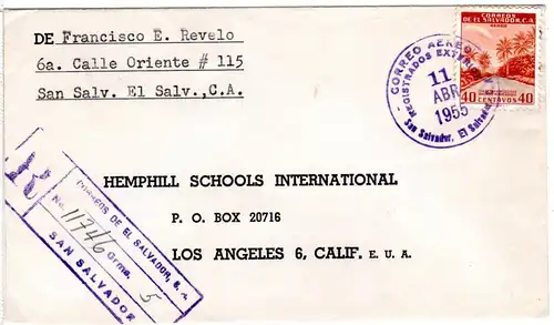 El Salvador 1955, 40 C. auf Einschreiben Brief nach USA