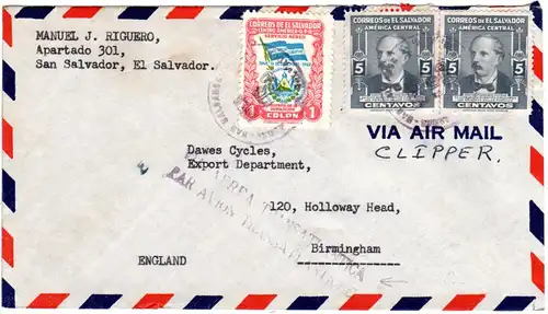 El Salvador 1949, 1 Colon+2x5 C. auf Brief m. Luftpost-Leitstempel nach GB