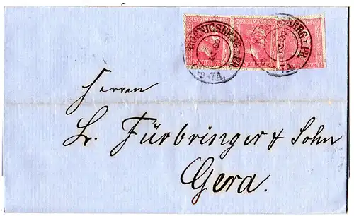 Preussen 1861, 3mal 1 SGr. auf Brief v. Königsberg n. Gera in Sachsen.