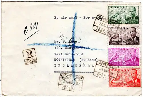 Spanien 1948, 4 Correo Aereo Marken auf Luftpost Reko Brief v. TORTOSA n. GB