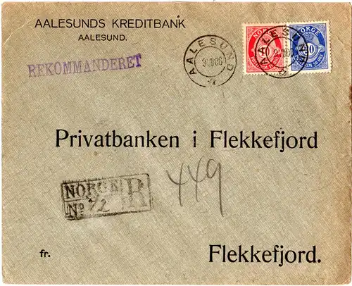 Norwegen 1906, 10+20 öre auf Reko Bank-Brief v. Aalesund n. Flekkefjord