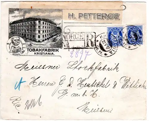 Norwegen 1917, 2x20 öre auf illustriertem Tabak Einschreiben Brief v. Kristiania