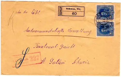 Österreich 1917, 2x25 H. auf Reko Zensur Brief v. Schwaz Tirol i.d. Schweiz