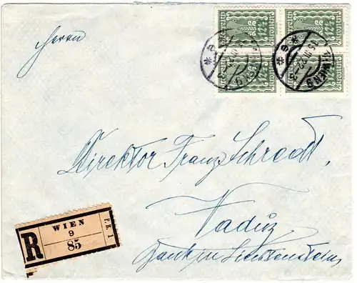 Österreich 1922, 4er-Block 12 1/2 K. auf Reko Brief v. Wien n. Liechtenstein.