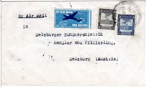 Pakistan 1951, 6+8 A. auf Brief m. interessantem 2sprachigem BY AIR MAIL-label