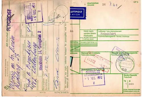 BRD 1972, Luftpost Paketkarte v. LADENBURG m. Schweden Porto-Etikett 