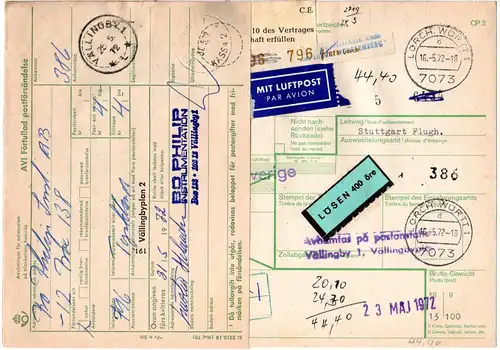 BRD 1972, Paketkarte v. LORCH m. Schweden Porto-Etikett u. EG Export Aufkleber