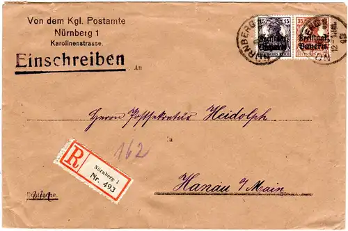 Bayern 1919, 15+35 Pf. Freistaat Germania auf Post Reko Brief v. Nürnberg. Gepr.