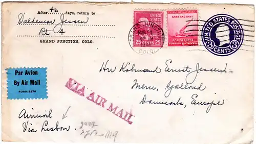 USA 1941, 2+25 C. Zusatzfr. auf 3 C. Ganzsache Brief per Luftpost n. Dänemark