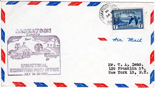 Kanada 1950, SASKATOON INDUSTRIAL EXHIBITION PO, Air Mail cover with 7 C. to USA