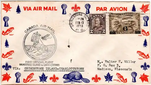 Canada 1933, GRINDSTONE ISLAND-CHARLOTTETOWN 1st.-Flight cover with 2+6/5 C.