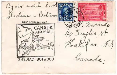 Canada 1939, SHEDIAC-BOTWOOD 1st.-Flight cover with 5+10 C.