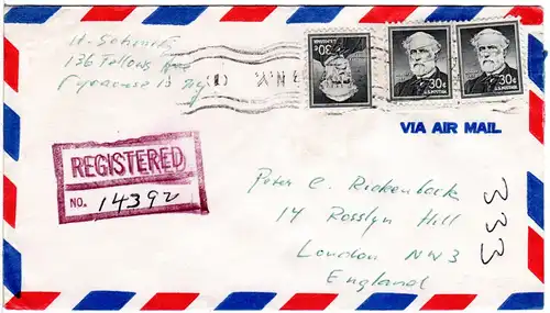 USA 1962, MeF 3x30 C. President Lee auf Einschreiben Luftpost Brief v. NY n. GB