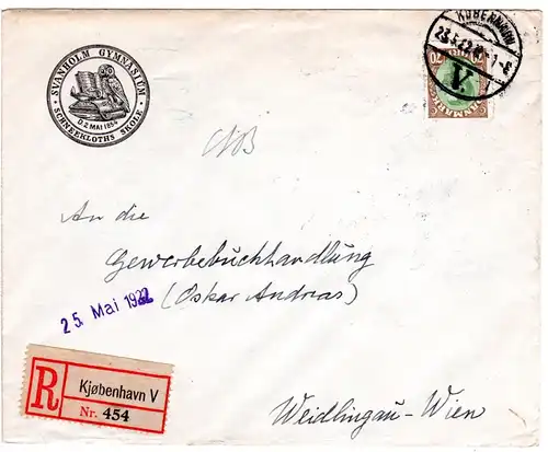 Dänemark 1922, EF 70 öre auf Einschreiben Brief v. Kopenhagen n. Österreich.