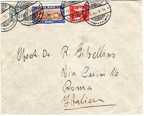 Island 1936, 5+10+20 Aur auf Brief v. Reykjavik n. Italien.
