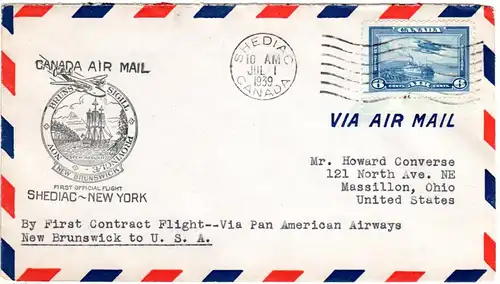 Canada 1939, SHEDIAC-New York 1st.-Flight cover with 6 C.