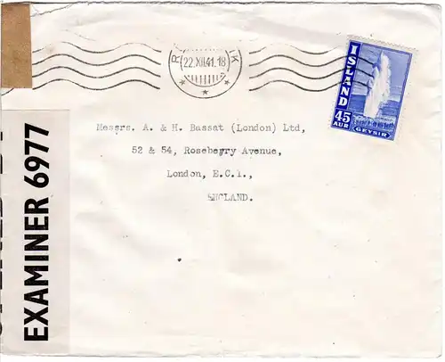 Island 1941, EF 45 Aur Geysir auf Zensur Brief n. GB