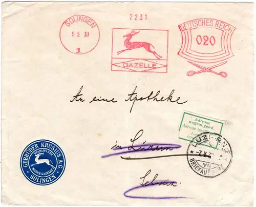 DR 1903, Solingen Maschinenfreistpl. m. Gazelle u. Schere auf Brief i.d. Schweiz