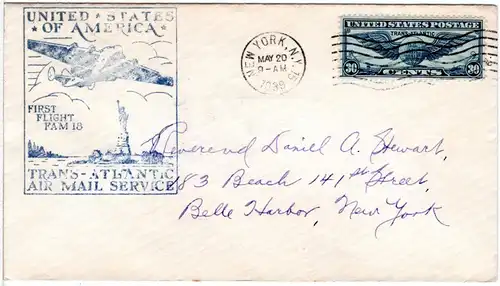 USA 1939, 30 C. auf Transatlantic Erstflug Brief New York-Marseille Frankreich